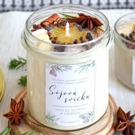 AteLyer Sojová svíčka Vánoční třpyt - vanilka,skořice a hřebíček 350ml